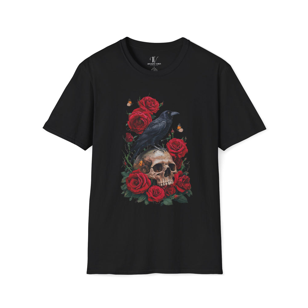 Gothic Raven Skull Softstyle T-Shirt T-Shirt Printify XS Black
