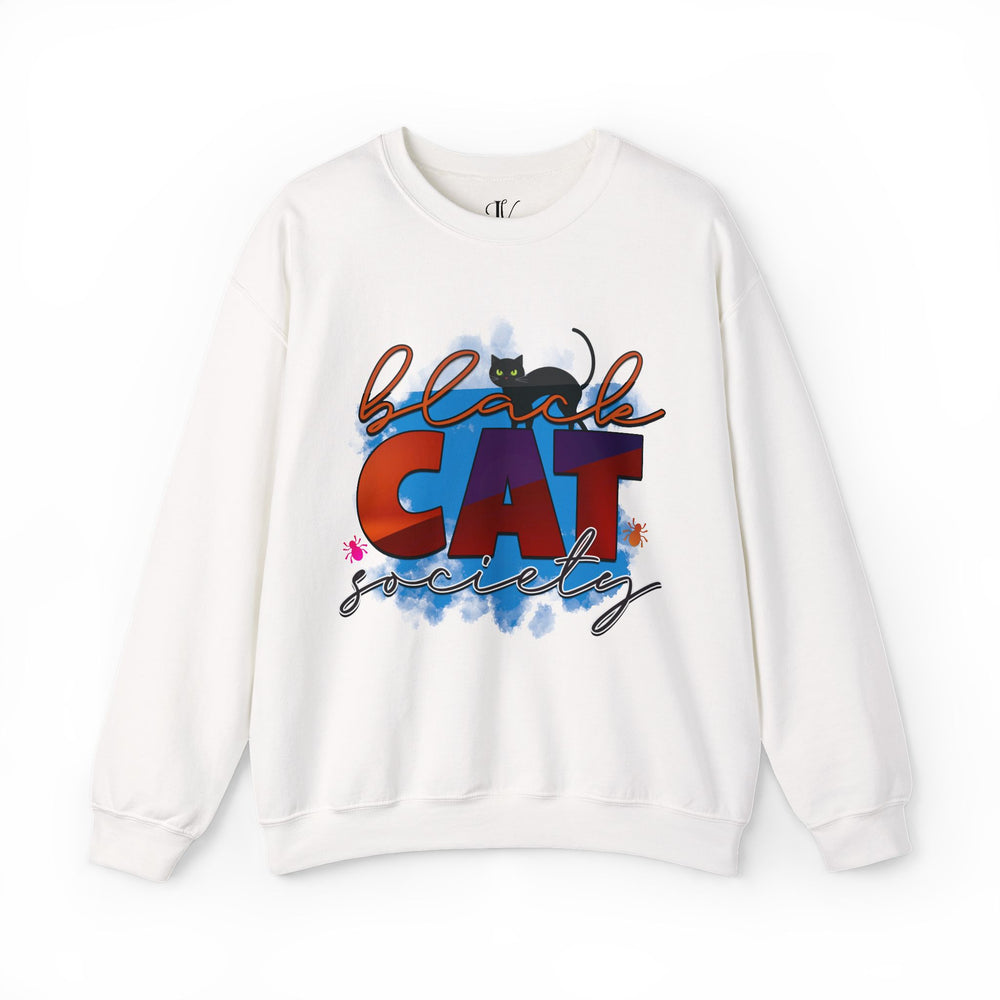 Black Cat Society Sweatshirt: Spooky Halloween Apparel Sweatshirt Printify S White