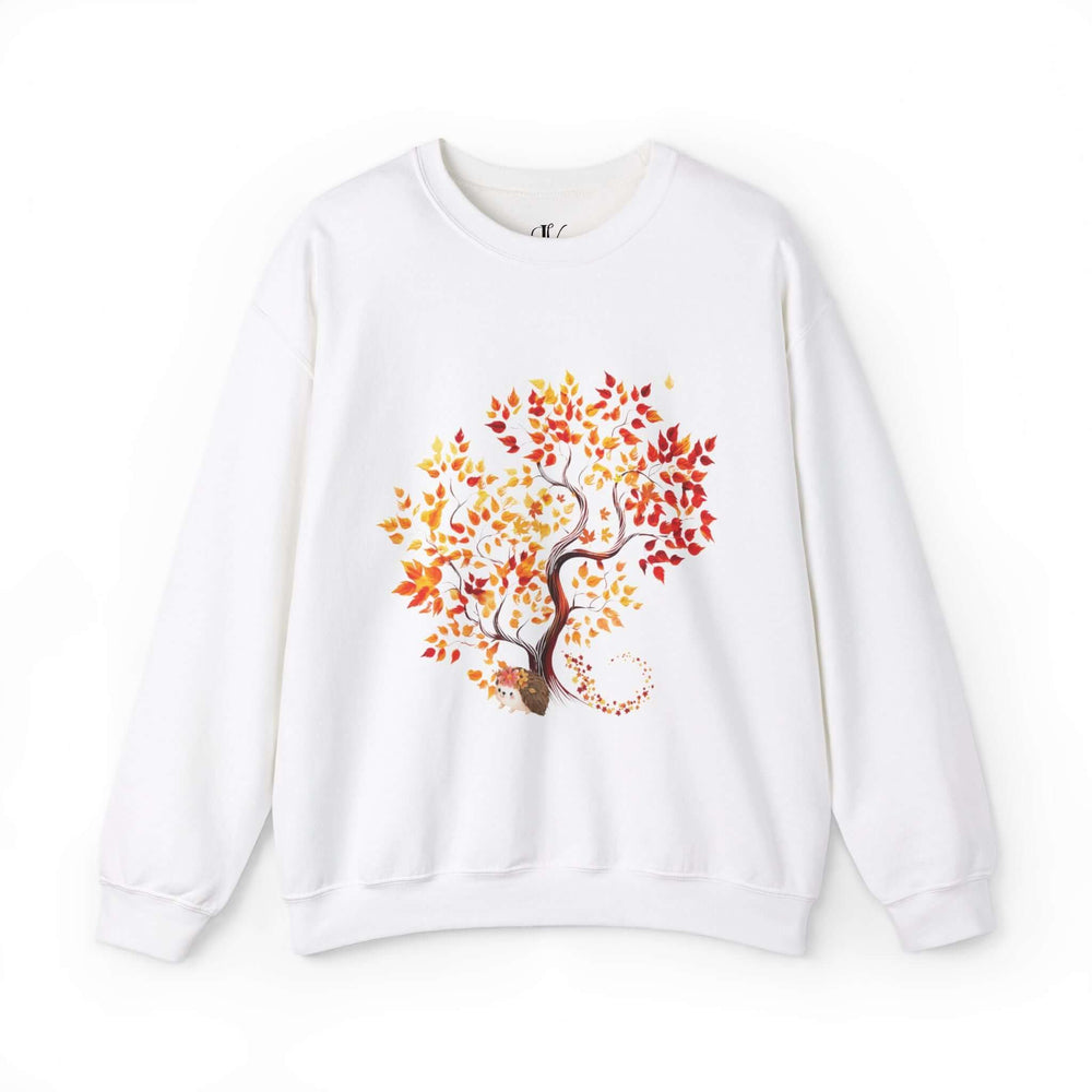 Autumn Tree and Hedgehog Fall Sweatshirt Sweatshirt Printify S White