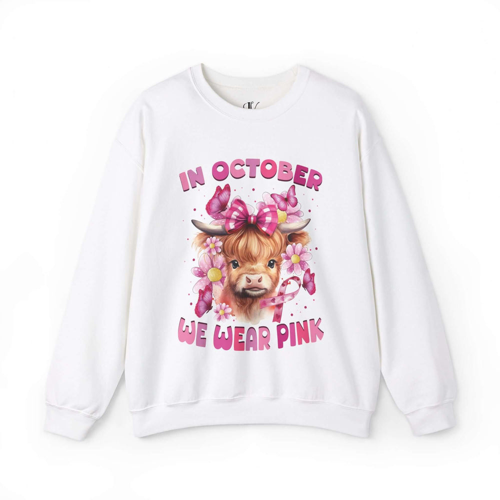 Breast Cancer Highland Cow In October We Wear Pink Sweatshirt Sweatshirt Printify S White
