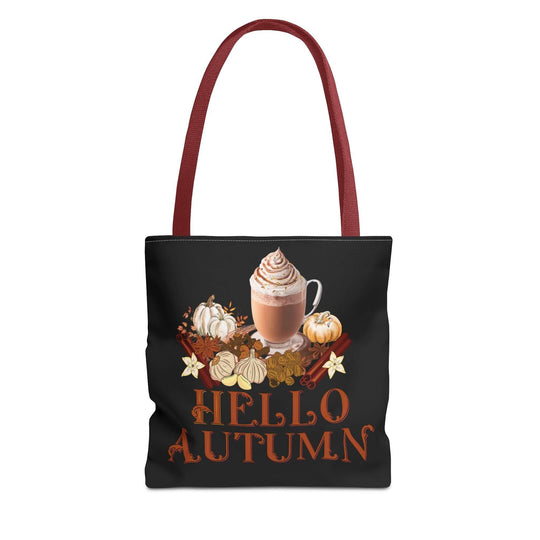 Autumn Vibes Tote Bag with Pumpkin Spice Latte and Hello Autumn Text Bags Printify 13" × 13'' Red