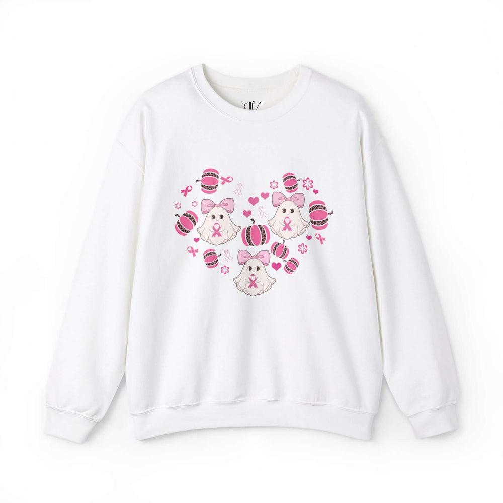 Ghosts and Pumpkins Breast Cancer Support Sweatshirt Sweatshirt Printify S White