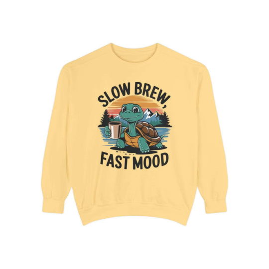 Turtle Coffee Sweatshirt - Slow Brew Fast Mood Sweatshirt Printify Butter S