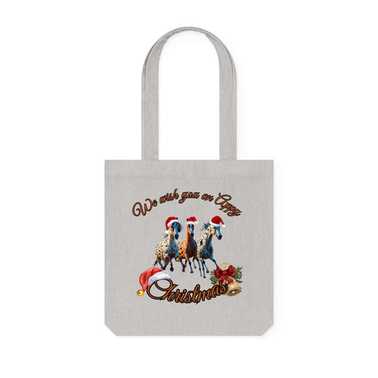 Christmas Tote Bag - Woven Tote Bag with Festive Appaloosa Horses Bags Printify Heather Grey 14.6" x 15.4"