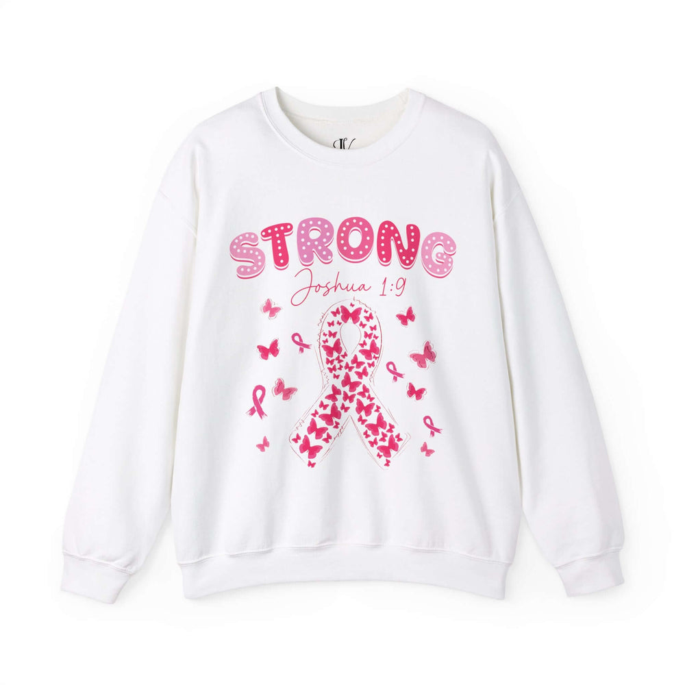 Strong Joshua 1:9 Breast Cancer Sweatshirt Sweatshirt Printify S White