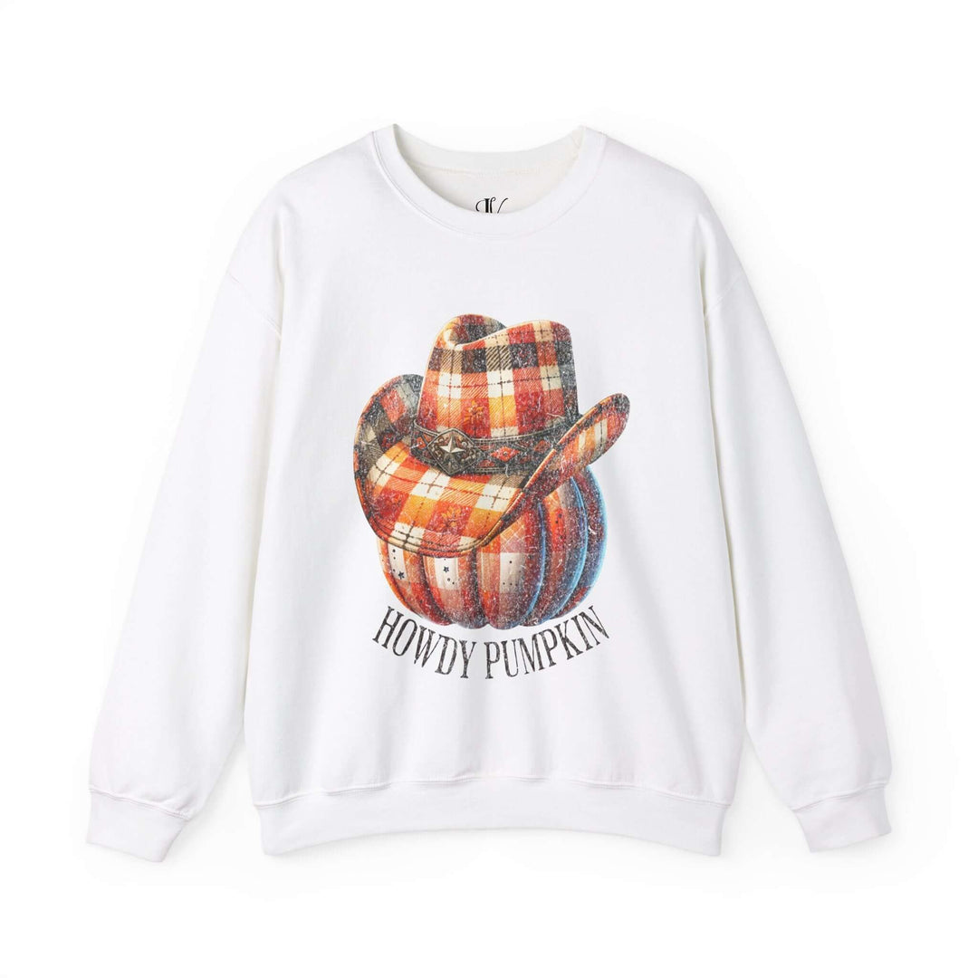 Plaid Pumpkin Crewneck Sweatshirt - Howdy Pumpkin Western Fall Sweatshirt Sweatshirt Printify S White