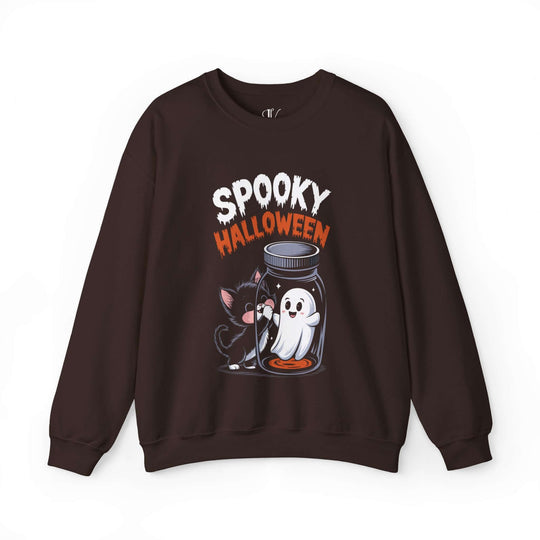 Spooky Cat & Ghost Halloween Sweatshirt Sweatshirt Printify S Dark Chocolate