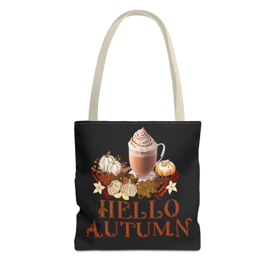 Autumn Vibes Tote Bag with Pumpkin Spice Latte and Hello Autumn Text Bags Printify 13" × 13'' Beige
