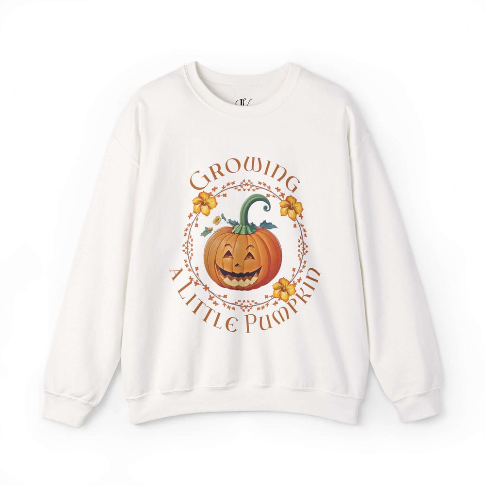 Maternity Sweatshirt for Fall Pregnancy Announcement - Halloween Jack-o'-lantern Sweatshirt Printify S White