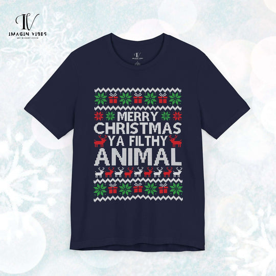 Vintage Christmas Tee - Merry Christmas Ya Filthy Animal T-Shirt Printify Navy XS