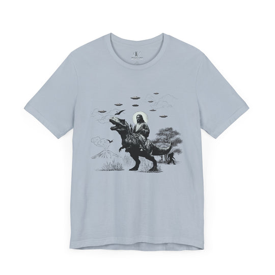 Graphic Tee Jesus Riding Dinosaur UFOs T-Shirt Printify Light Blue XS
