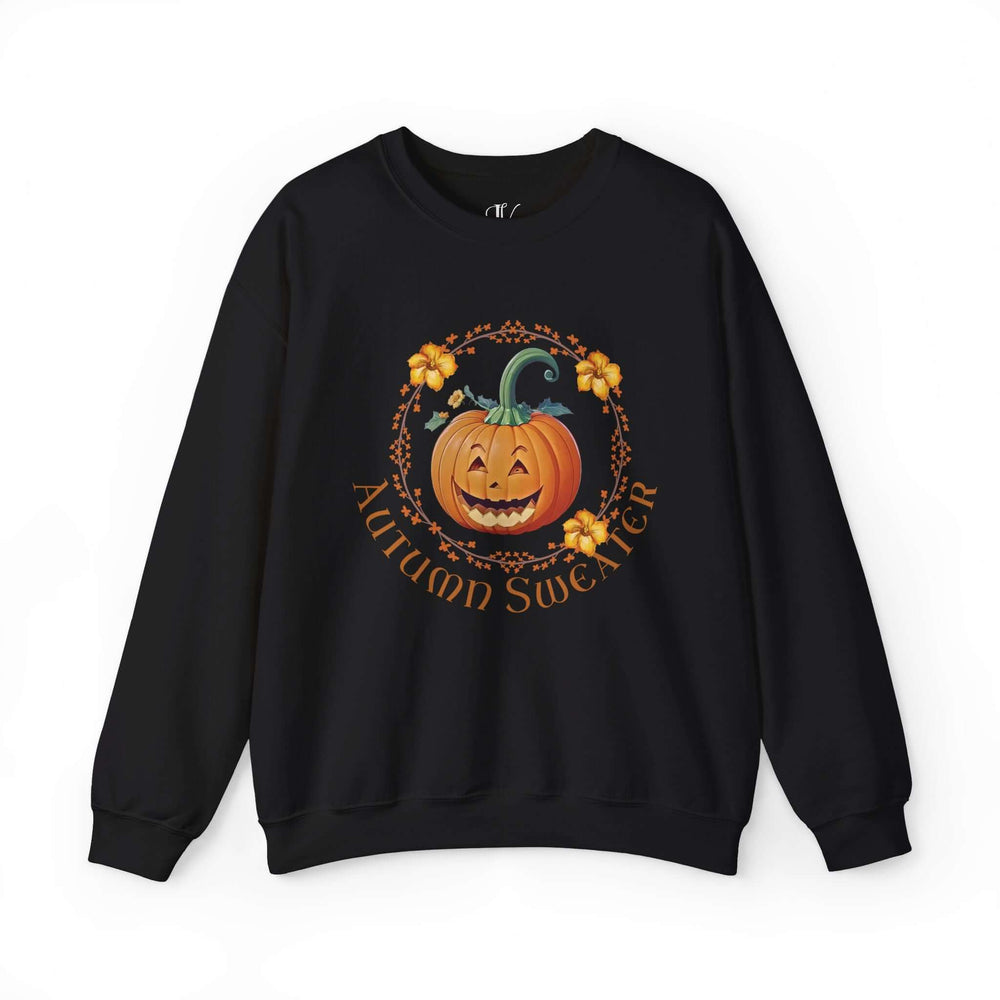 Halloween Autumn Sweater Jack-o'-lantern and Floral Wreath Sweatshirt Printify M Black