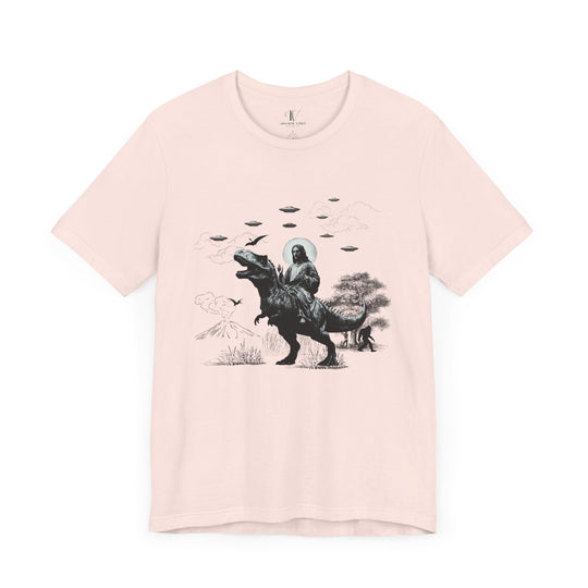 Graphic Tee Jesus Riding Dinosaur UFOs T-Shirt Printify Soft Pink XS