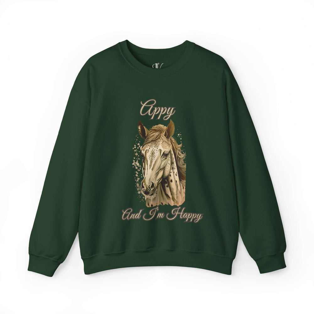 Horse Graphic Sweatshirt with 'Appy' and 'And I'm Happy' Text Sweatshirt Printify S Forest Green