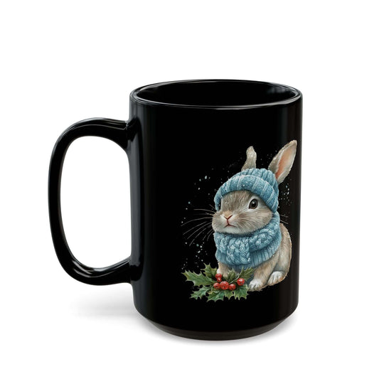 Cute Winter Watercolor Bunny Black Mug Mug Printify