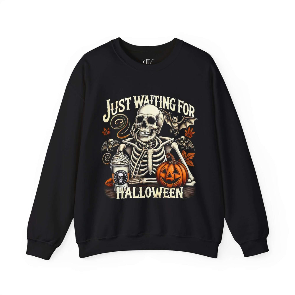 Skeleton Halloween Crewneck Sweatshirt - Just Waiting for Halloween Sweatshirt Printify S Black