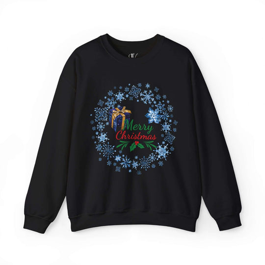 Wreath Merry Christmas Sweatshirt Sweatshirt Printify S Black