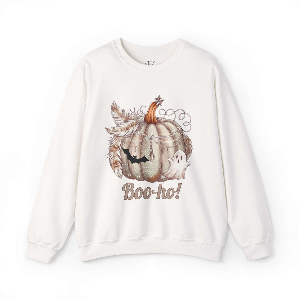 Boo-ho! Pumpkin Ghost Halloween Sweatshirt Sweatshirt Printify S White