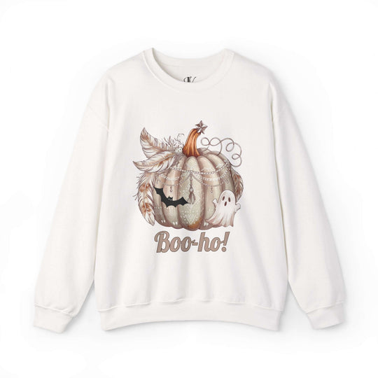 Boo-ho! Pumpkin Ghost Halloween Sweatshirt Sweatshirt Printify S White