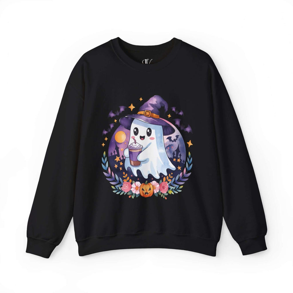 Cute Ghost With Ice Caffe Halloween Sweatshirt Sweatshirt Printify S Black