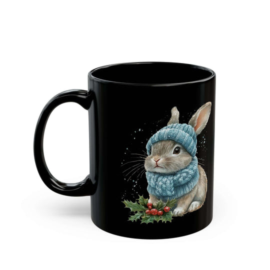 Cute Winter Watercolor Bunny Black Mug Mug Printify