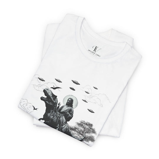 Graphic Tee Jesus Riding Dinosaur UFOs T-Shirt Printify