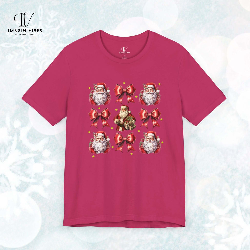 Coquette Bow Santa Christmas T-Shirt T-Shirt Printify Berry XS
