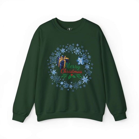 Wreath Merry Christmas Sweatshirt Sweatshirt Printify S Forest Green