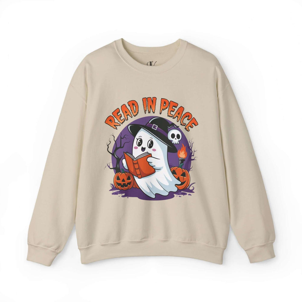 Read In Peace Ghost Halloween Bookworm Sweatshirt Sweatshirt Printify S Sand