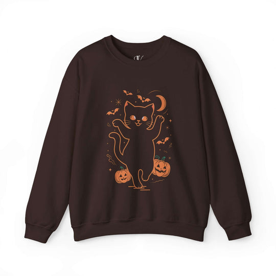 Spooky Cat & Pumpkins Halloween Sweatshirt Sweatshirt Printify S Dark Chocolate