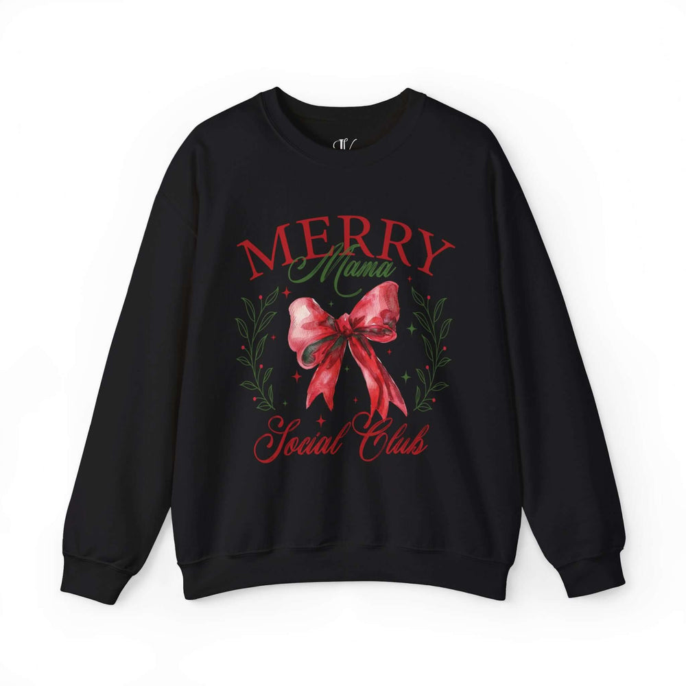 Merry Mama Social Club: Coquette Bow Christmas Sweatshirt Sweatshirt Printify S Black