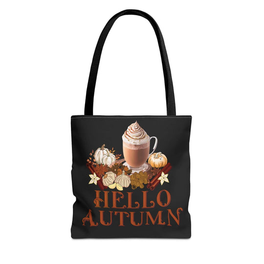 Autumn Vibes Tote Bag with Pumpkin Spice Latte and Hello Autumn Text Bags Printify 13" × 13'' Black