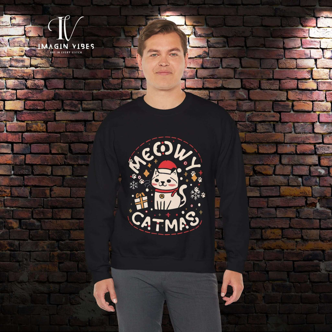 Christmas Cat Sweatshirt with Meowy Catmas Sweatshirt Printify L Black