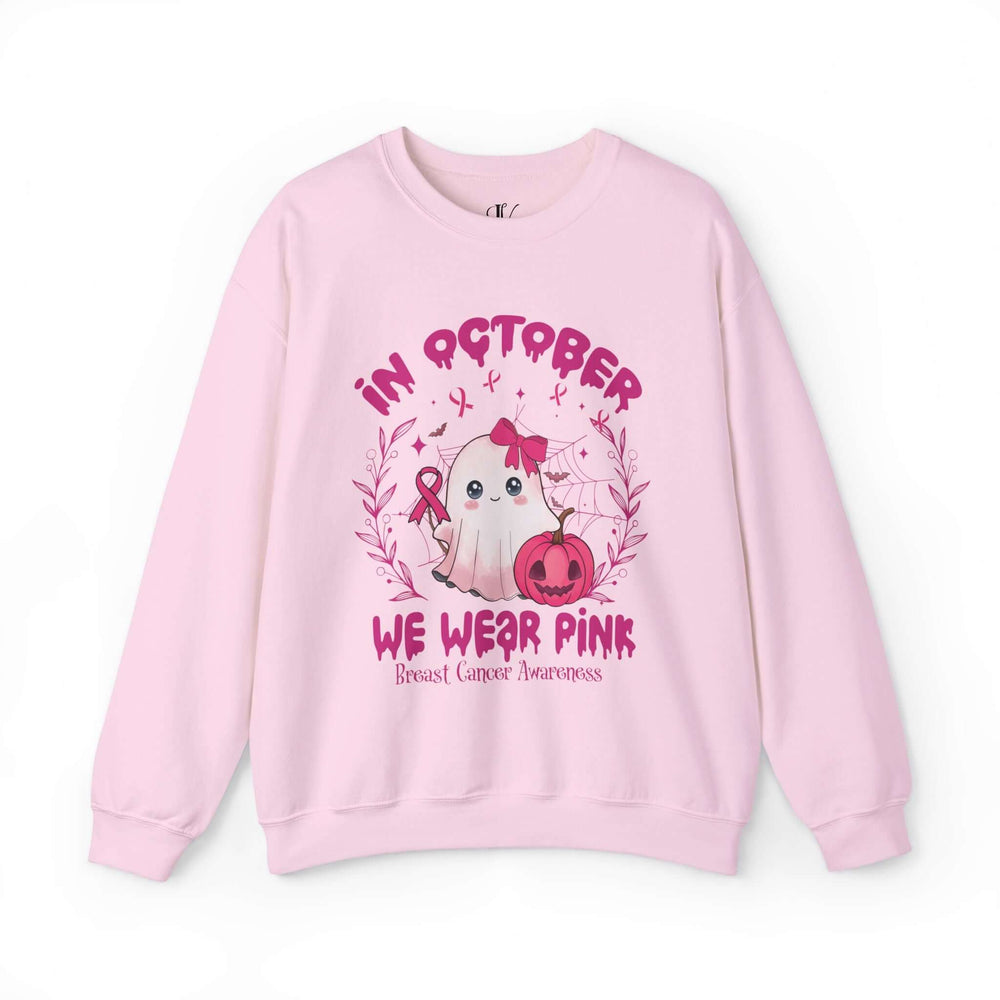 Cute Spooky Ghost Breast Cancer Support "In October We Wear Pink" Sweatshirt Sweatshirt Printify S Light Pink