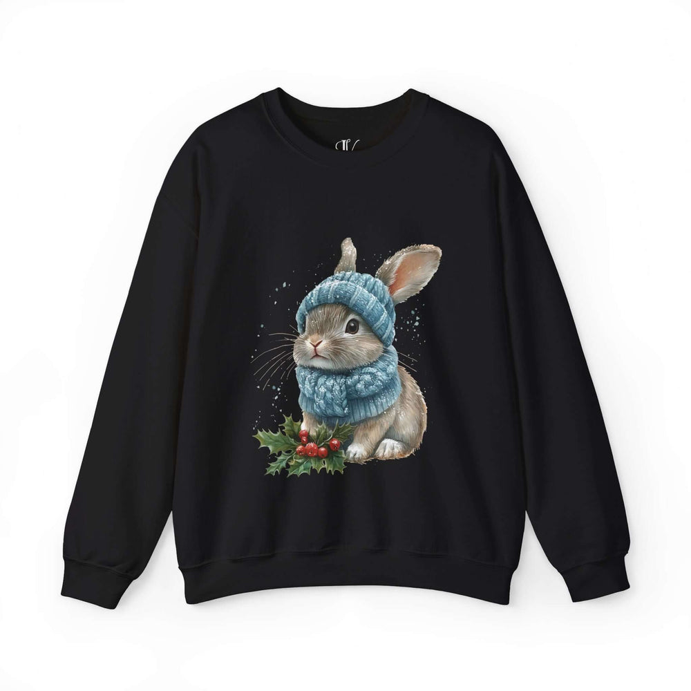 Cute Winter Watercolor Bunny Sweatshirt Sweatshirt Printify S Black