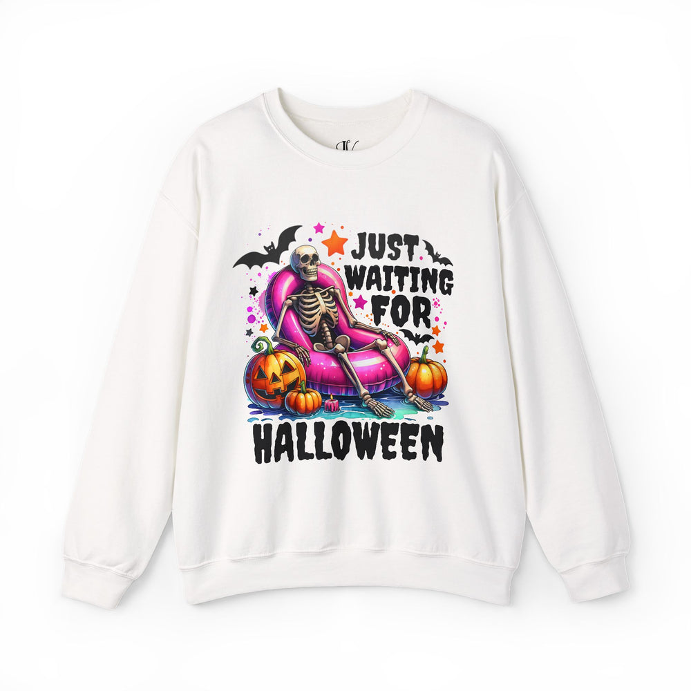 Just Waiting for Halloween: Skeleton Sweatshirt Sweatshirt Printify S White