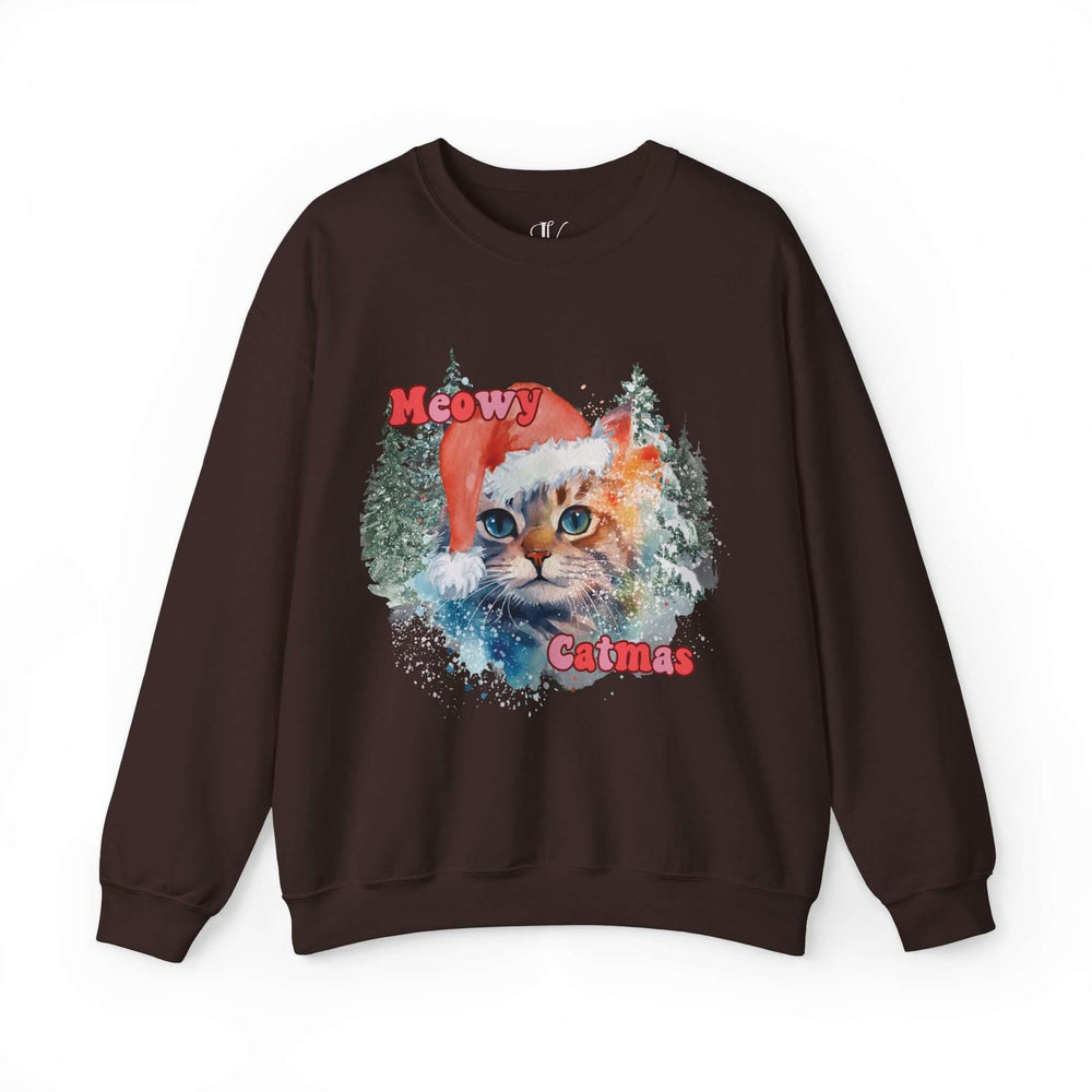 Meowy Catmas: Watercolor Cat Christmas Sweatshirt Sweatshirt Printify S Dark Chocolate