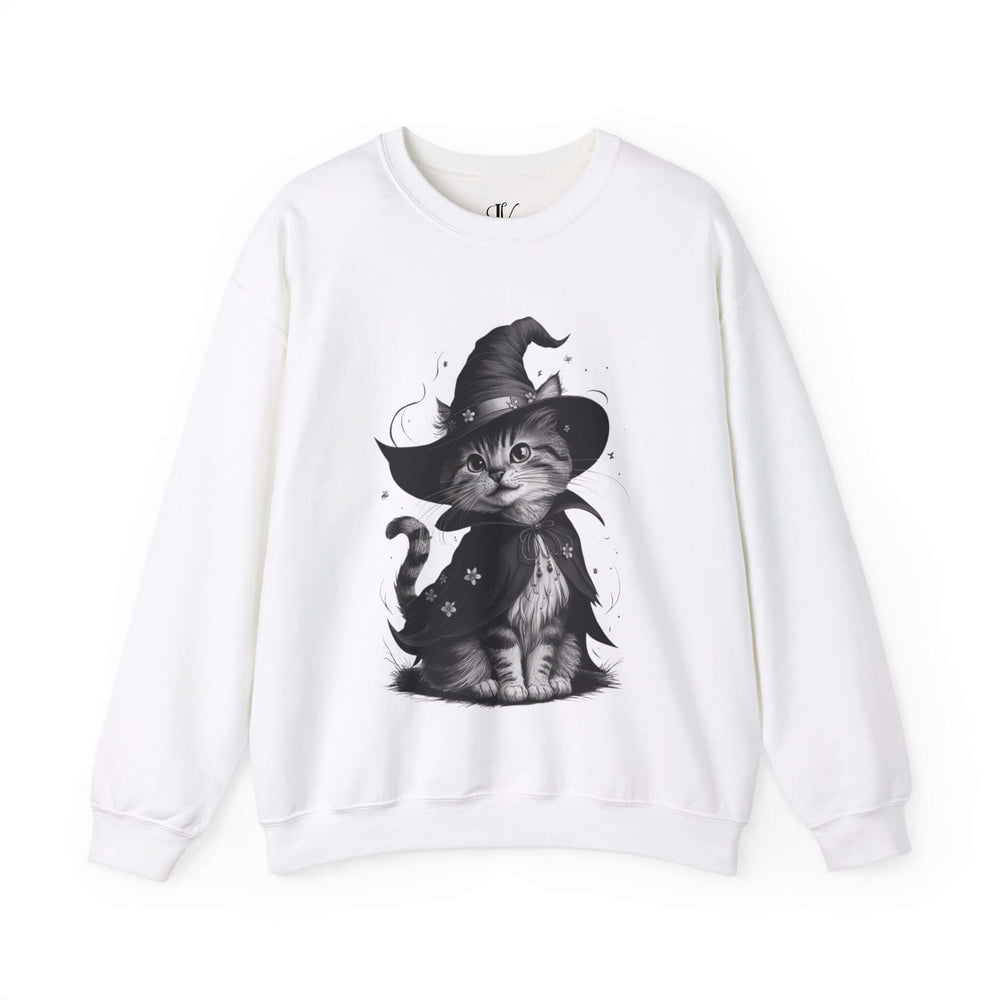 Halloween Witch Cute Cat Sweatshirt Sweatshirt Printify S White