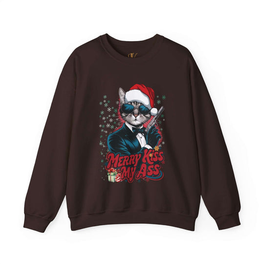 Funny Cat Merry Kiss My Ass Unisex Sweatshirt Sweatshirt Printify S Dark Chocolate