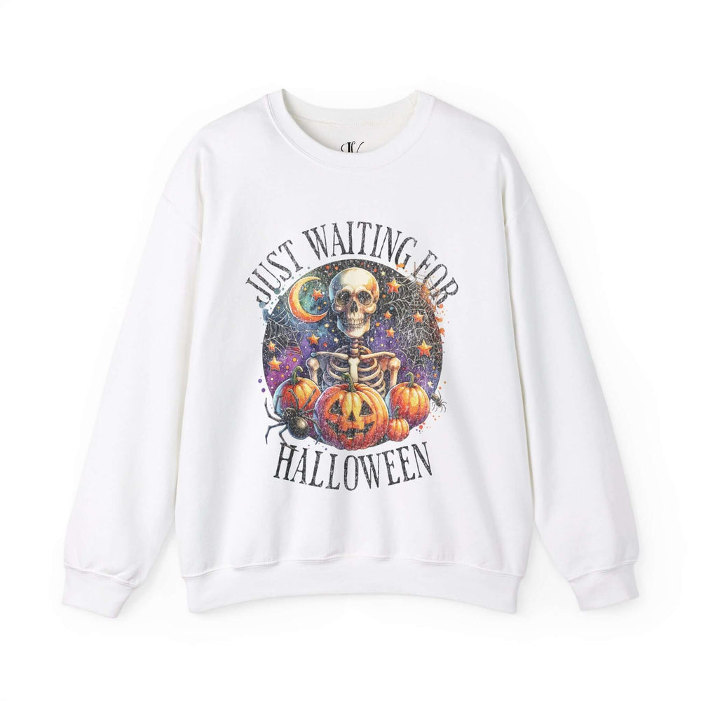 Just Waiting For Halloween Crewneck Sweatshirt Sweatshirt Printify S White
