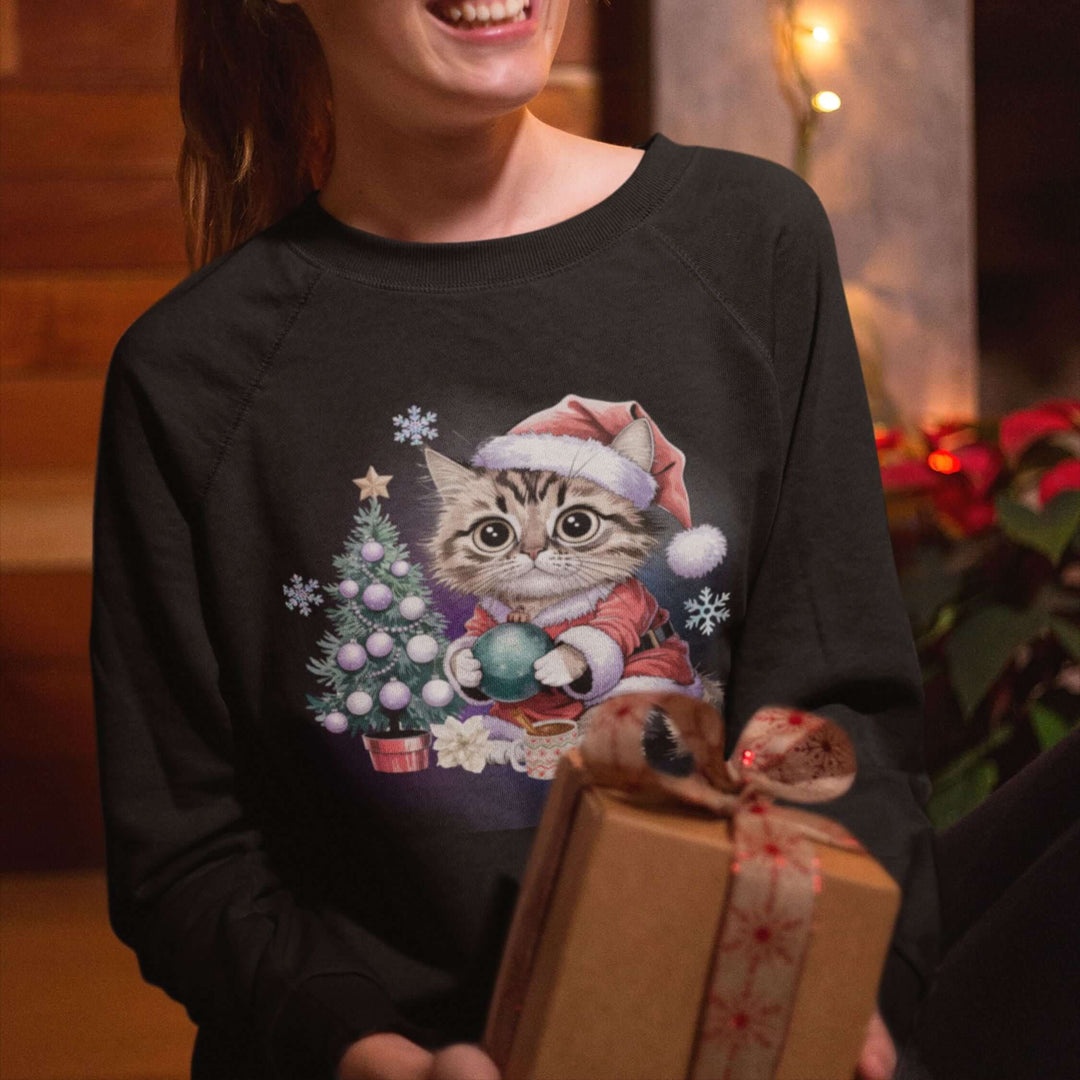 Tabby Cat Santa Crewneck Sweatshirt Sweatshirt Printify M Black