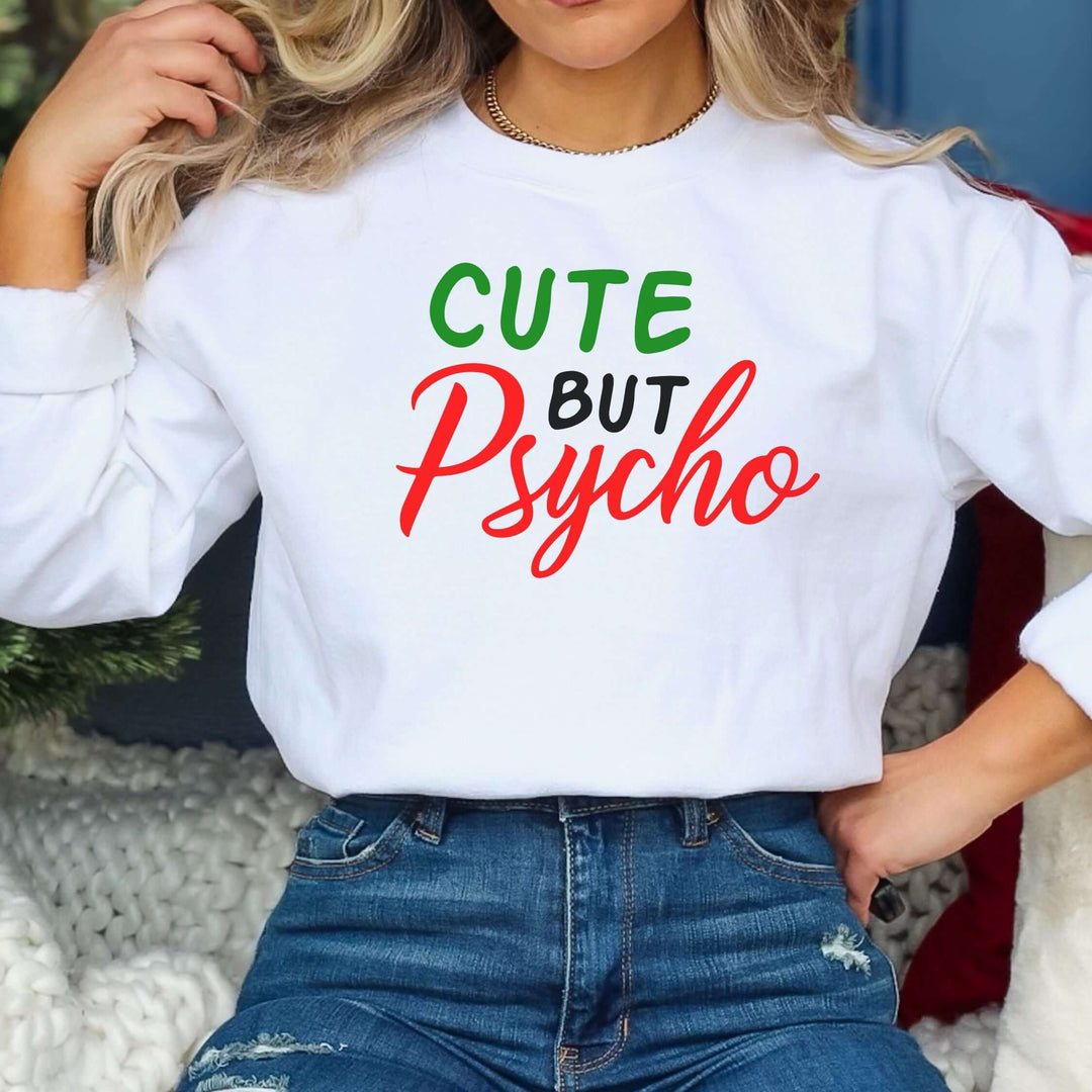 Holiday Cheer Cute But Psycho Sweatshirt Sweatshirt Printify M White