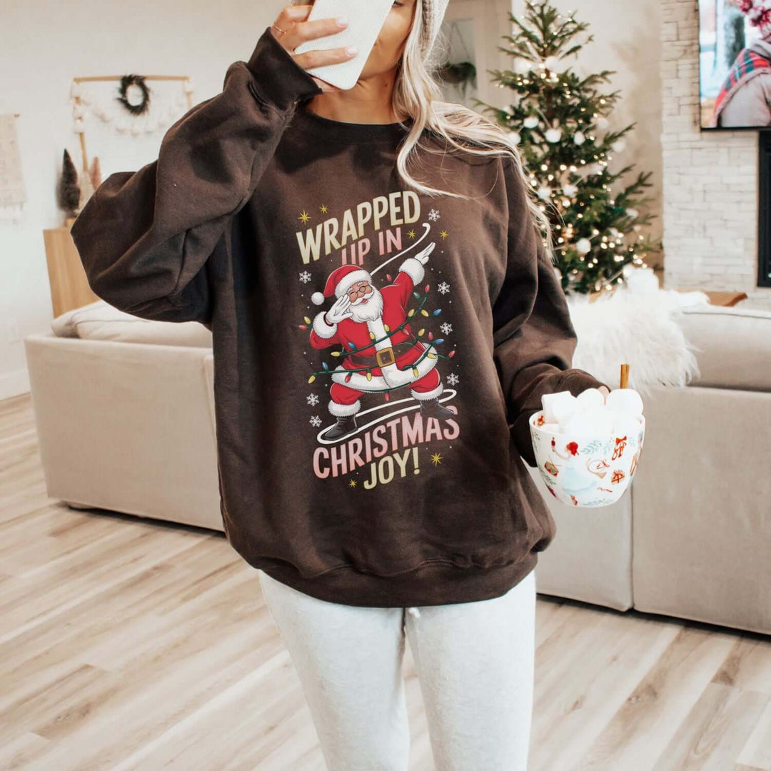 Santa Christmas Sweatshirt - Wrapped Up in Christmas Joy Sweatshirt Printify L Dark Chocolate