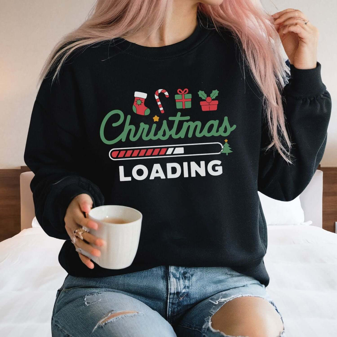 Christmas Loading Crewneck Sweatshirt Sweatshirt Printify M Black