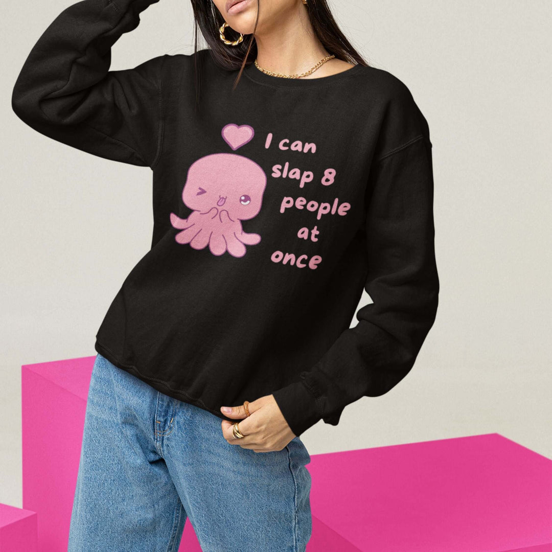 Funny Kawaii Octopus Sweatshirt - 'I Can Slap 8 People at Once' Sweatshirt Printify M Black