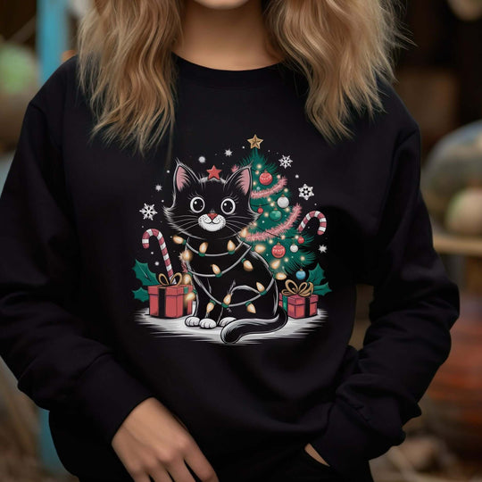 Festive Cat Christmas Sweatshirt Sweatshirt Printify S Black