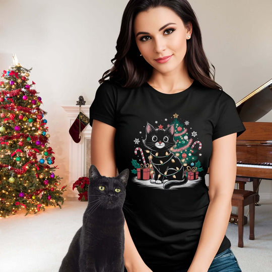 Cat Christmas Tee - Feline Festive T-Shirt Printify Black S