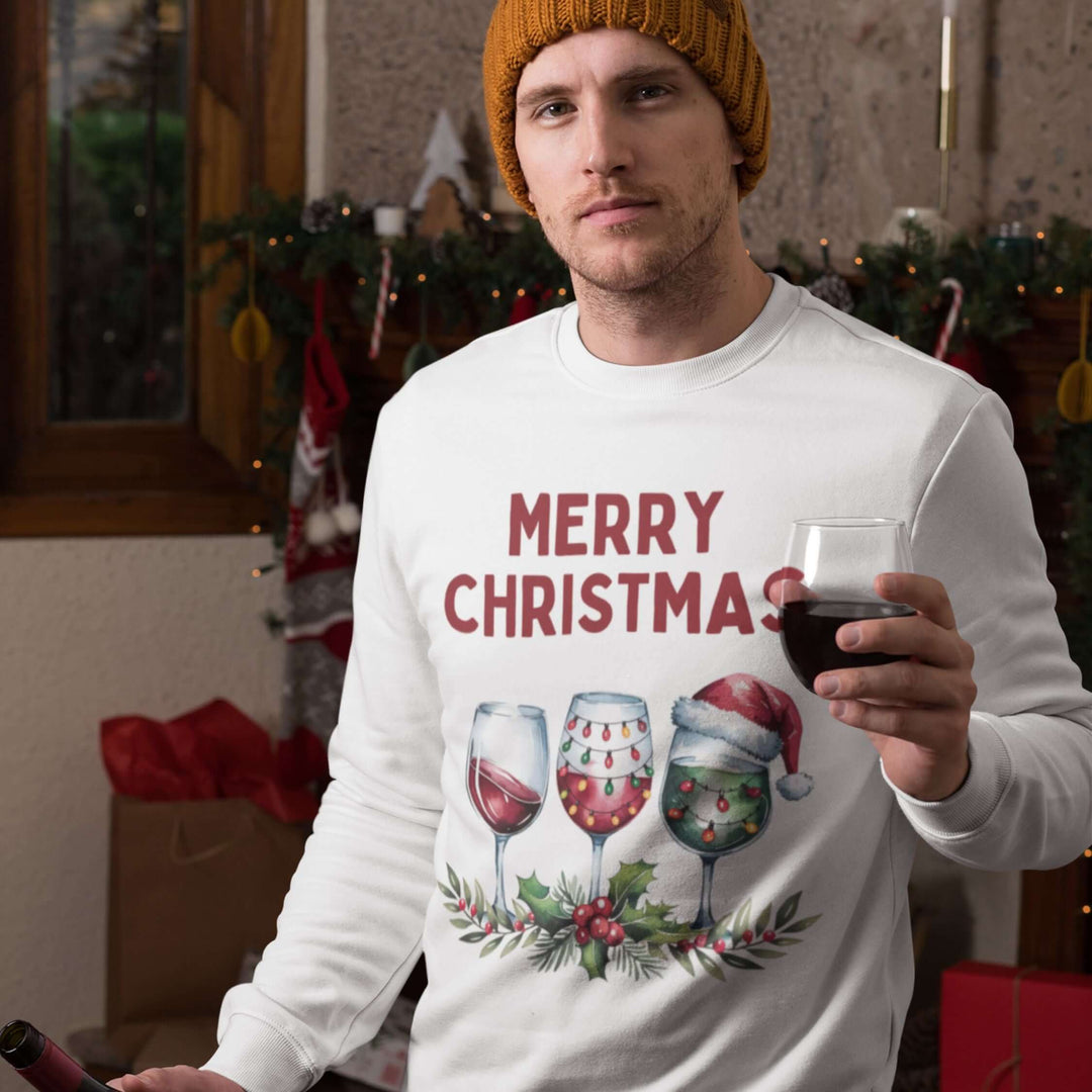 Christmas Wine Glasses Sweatshirt Sweatshirt Printify L White