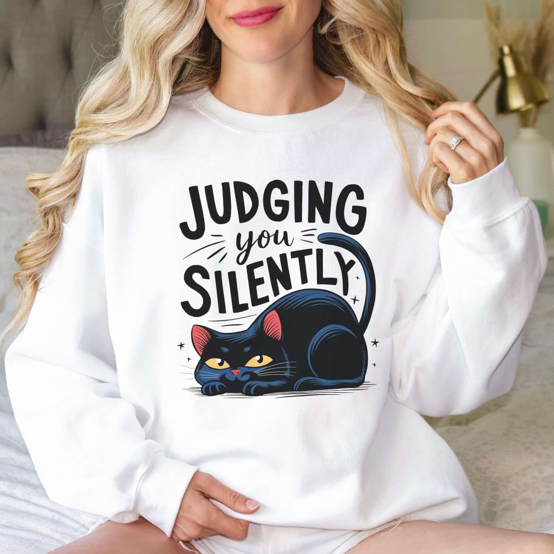 Funny Judging You Silently Cat Sweatshirt Sweatshirt Printify M White