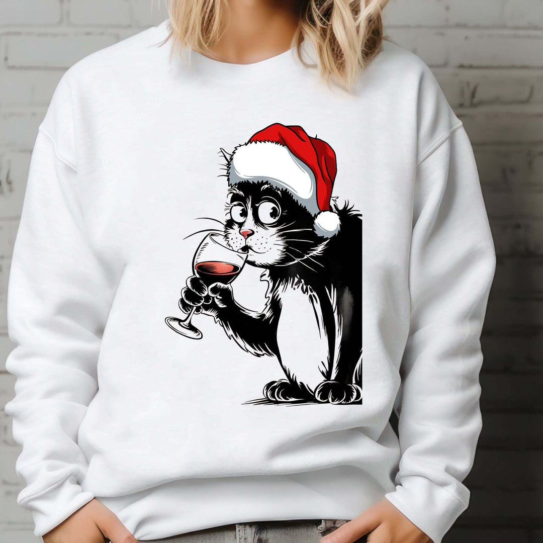 Christmas Wine-Loving Cat Sweatshirt Sweatshirt Printify M White